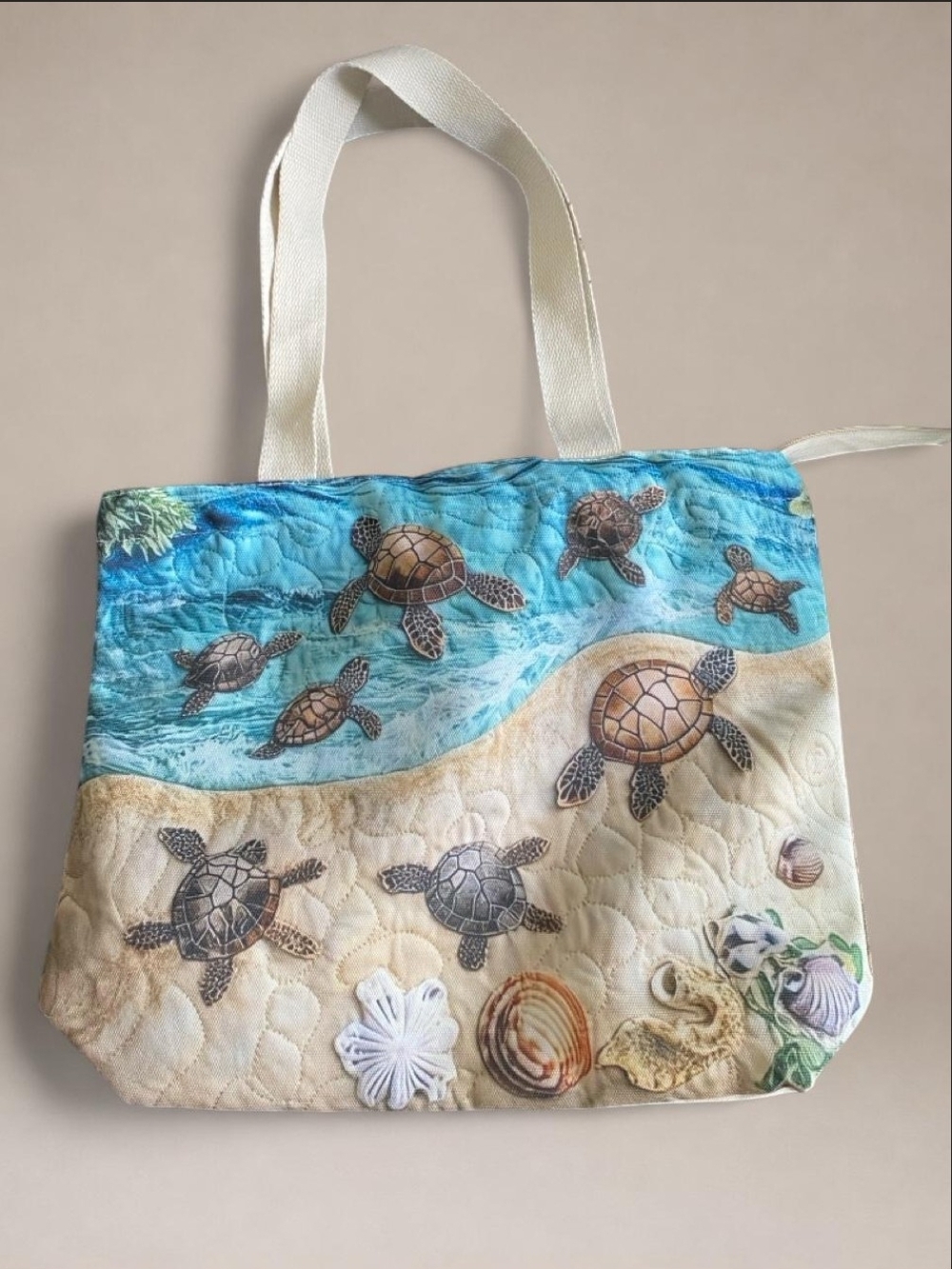 Sea Turtle Beach Tote Bag in Blue and Tan